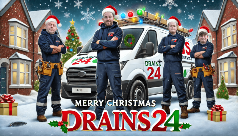 DALL·E 2024 12 23 16.41.43 A high resolution festive Christmas greeting image featuring four workers in front of a drainage service van
