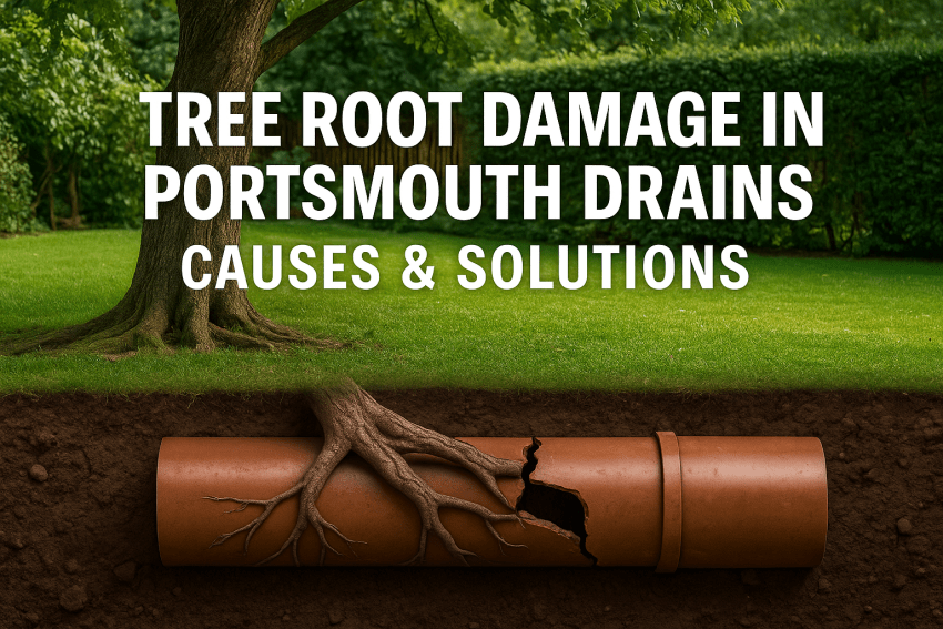 A high-definition image of a Portsmouth garden showing a large tree with a cracked underground drain pipe, representing tree root damage and drainage repair solutions.