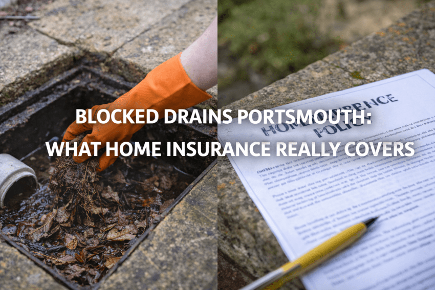 Blocked drains in Portsmouth showing an outdoor drain blockage alongside home insurance documents, illustrating when drainage repairs may be covered