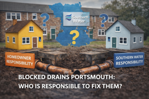 Diagram showing homeowner and Southern Water responsibility for blocked drains in Portsmouth, with underground drainage pipes between properties