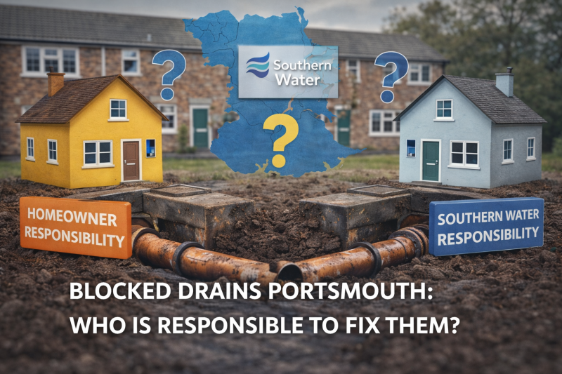 Diagram showing homeowner and Southern Water responsibility for blocked drains in Portsmouth, with underground drainage pipes between properties