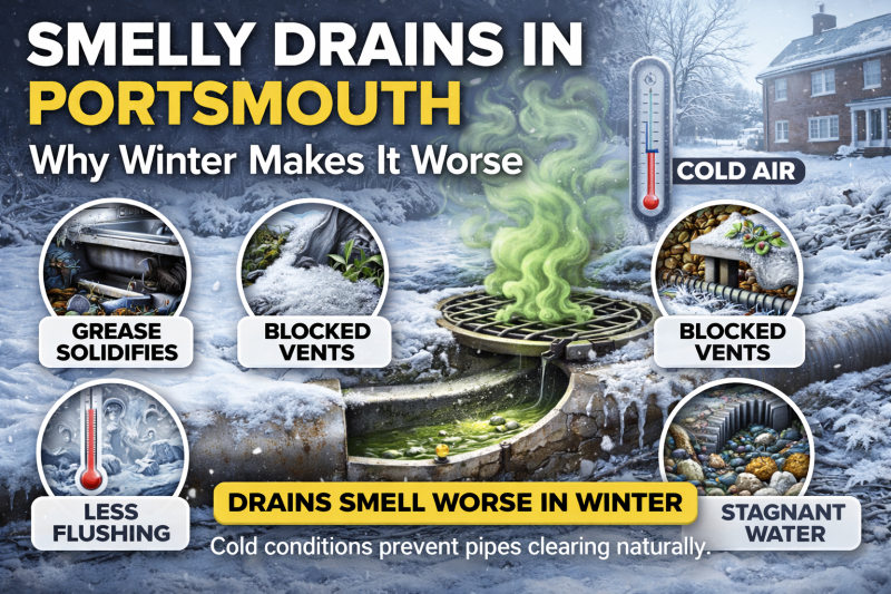 Illustration showing smelly drains in Portsmouth during winter with grease buildup, blocked vents, stagnant water and cold weather effects on drainage systems