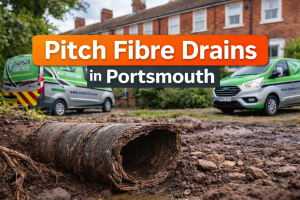 Pitch fibre drains in Portsmouth showing internal pipe deterioration identified by Drains24 during CCTV drain inspection