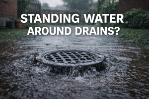 Standing water around ground drain in Portsmouth with surface water pooling and overflow during heavy rainfall