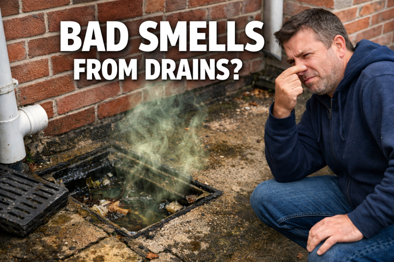 Outdoor drain beside Portsmouth home with foul smell rising from blocked gully as homeowner reacts to bad drain odour