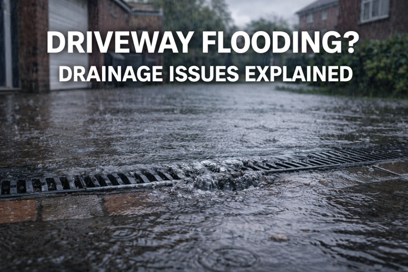 Flooded driveway in Portsmouth with standing water pooling over blocked channel drain during heavy rainfall