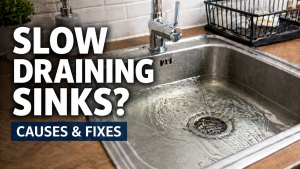 Slow draining kitchen sink in Portsmouth home with standing water around plughole showing common blocked drain causes and fixes.