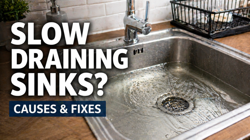 Slow draining kitchen sink in Portsmouth home with standing water around plughole showing common blocked drain causes and fixes.