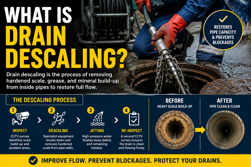 Infographic explaining drain descaling process in Portsmouth showing hardened scale removal from drainage pipes using specialist descaling equipment and jetting methods