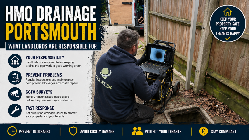 Drainage engineer carrying out a CCTV drain survey at an HMO property in Portsmouth using professional inspection equipment beside an open chamber drain.
