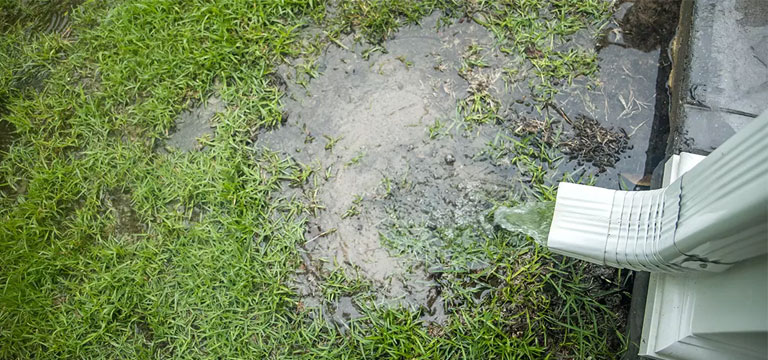 Overflowing outdoor drain in Portsmouth with water backing up from ground-level gully during heavy rain, showing blocked drainage issue