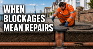 Drain engineer checking a damaged underground pipe for Portsmouth drain repairs after repeated blockages