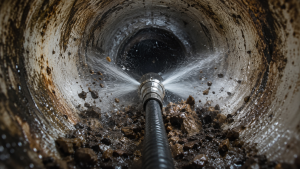 Inside a drain pipe showing high-pressure water jetting clearing silt, debris and blockage build-up during a Portsmouth drain unblocking callout.