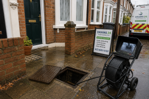 Older Fratton terraced home driveway with inspection chamber and drainage equipment showing signs of older pipework and repeat drain problems.
