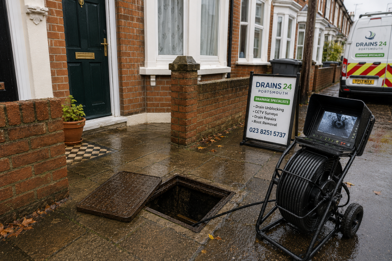 Older Fratton terraced home driveway with inspection chamber and drainage equipment showing signs of older pipework and repeat drain problems.