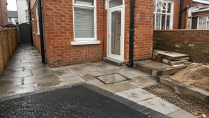 Portsmouth home exterior with a new patio, older brickwork, damp paving and a drain cover showing possible drainage access issues after building work.