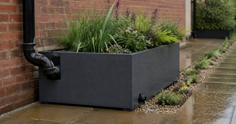 Downpipe feeding a planted SuDS unit that slows roof runoff at a Portsmouth property.